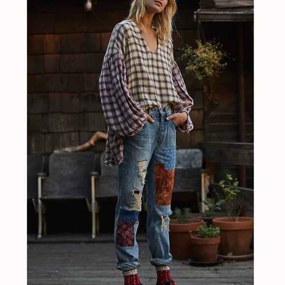 FREE PEOPLE Patchwork Jeans Size 31" We the Free" Balladonna High Rise Bootcut - Picture 1 of 12
